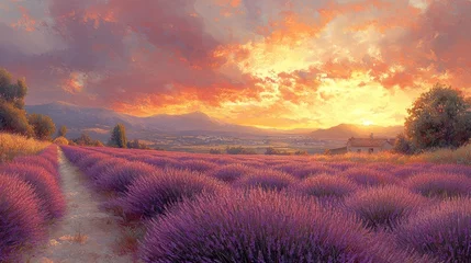 Gardinen Lavender Field Blooming at Sunset with Country Road and Dramatic Sky © Irfan