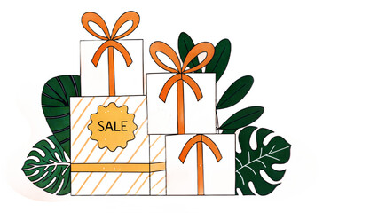 Obraz premium Colorful gift boxes with bows and sale tag among green leaves