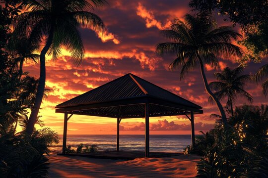 Tropical sunset scene with a wooden pavilion. - Powered by Adobe
