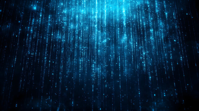 futuristic digital rain of blue glowing code characters falling vertically, high-tech cyber stream of symbols in a dark environment