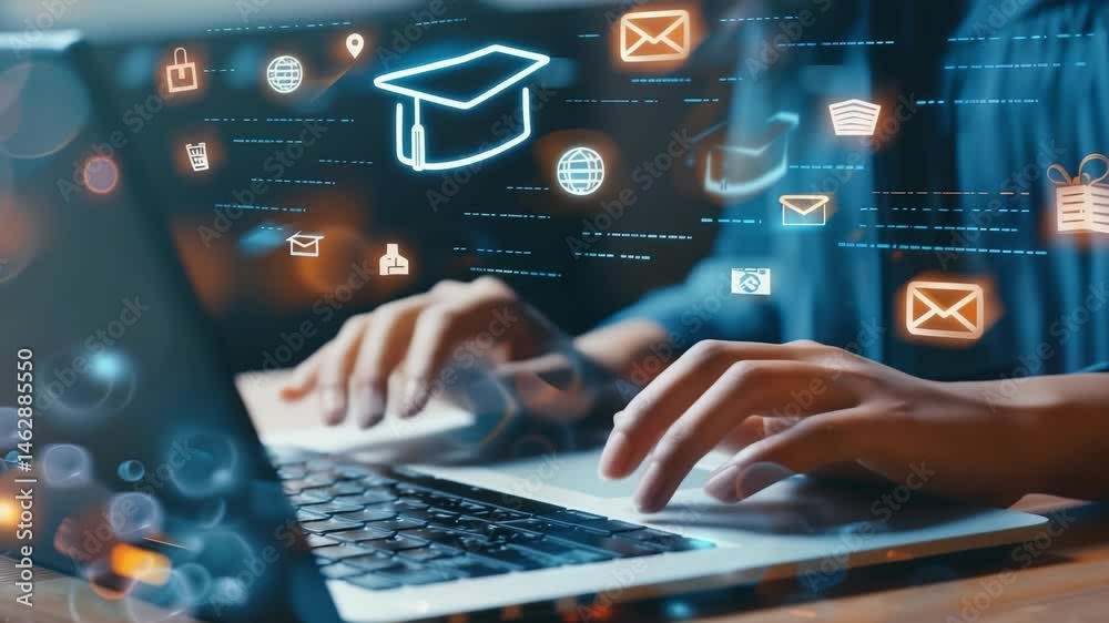 Poster a person types on a laptop, surrounded by glowing icons symbolizing education, communication, and on