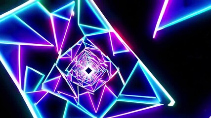 Abstract neon tunnel of triangles in blue and purple against black backdrop - Powered by Adobe