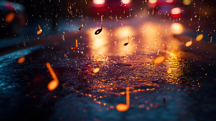 Rainy city night scene with musical notes falling on a wet pavement, illuminated by warm city lights.  Blurred lights create a bokeh effect.