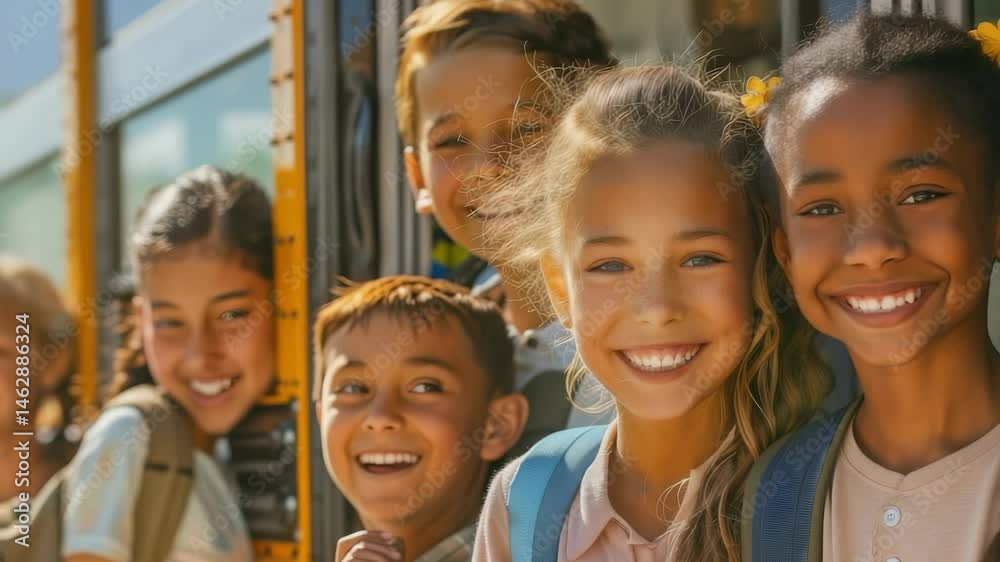 Poster a group of diverse elementary students are smiling excitedly from the open door of a school bus, wit