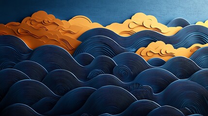 Fototapeta premium a blue and gold wave pattern with clouds