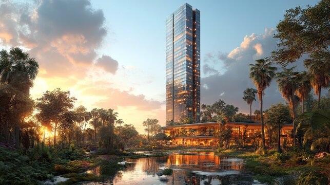 A high-tech skyscraper with a reflective glass faade
