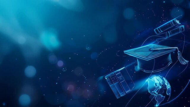 An abstract, digital illustration symbolizes education. A graduation cap, books, , Earth are outlined with glowing blue lines. The background is dark, enhancing digital aesthetic of composition.