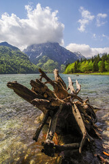 Predil Lake in the Julian Alps, Tarvisio with mountains in background, Italy, Europe