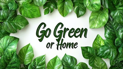 Climate change action with awareness and clean idea. Go Green or Home message surrounded by lush green leaves.