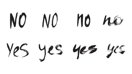 Collection of cursive ink hand drawn letters YES and NO, black grunge handwriting, set of dry brush hand drawn words, sloppy handwriting, letters with noise, choice concept, crooked inscriptions