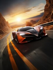 Race car on curvy highway at sunset