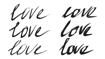 Collection of cursive ink hand drawn capital letters LOVE, black grunge handwriting, love concept, set of hand drawn black lettering LOVE, Mother's Day, Valentine's Day, International Women's Day