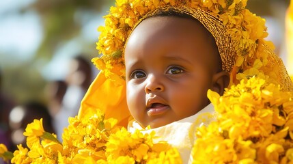 Ethiopian baby surrounded by adey abeba flowers for meskel.
