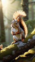 Obraz premium A squirrel is sitting on a mossy log in a forest. The scene is peaceful and serene, with the sunlight filtering through the trees and casting a warm glow on the moss