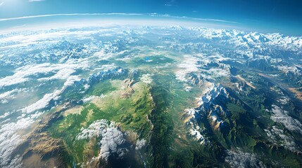 Fototapeta premium Aerial view of earth showing mountain ranges and green valleys under a bright blue sky atmosphere