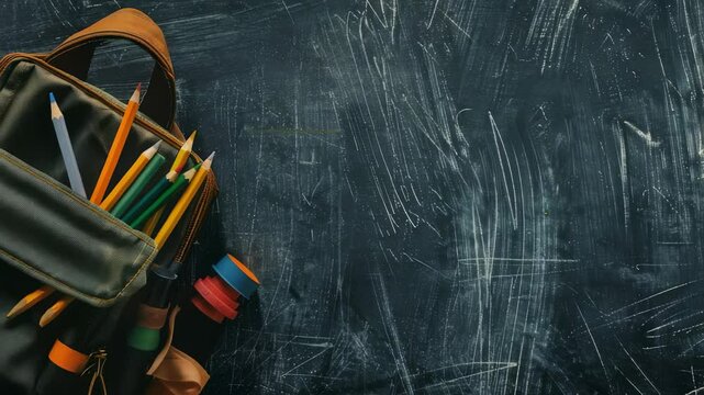 A backpack overflowing with colorful pencils rests against a dark, scratched chalkboard, creating a back-to-school ambiance. The setting suggests learning and creativity.