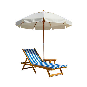 A white beach umbrella, a blue and white striped lounge chair, and a small table on a transparent background