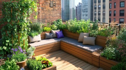 Obraz premium Lush rooftop garden retreat; city views, relaxation, outdoor living, urban oasis