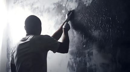 Obraz premium Man Applying Substance to Wall