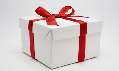 Fototapeta premium A white gift box wrapped with a red ribbon, ideal for presents and special occasions