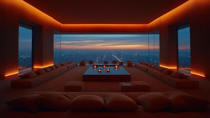 Obraz premium Modern penthouse lounge with panoramic city views at sunset. Orange lighting accentuates the large windows and seating area