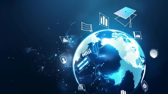 A digital illustration presents a glowing earth surrounded by learning and research icons, set against a dark blue backdrop, symbolizing global education and tech.