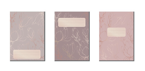 Vector cover for design notebooks, planners, copybooks.   Graphic flowers on pink brown background, pantone 2025, mocha mousse. 