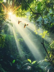 Bright Sunlight Illuminates Tropical Rainforest with Two Birds