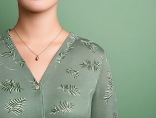 Woman in a light sage green blouse with a necklace