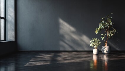 Sunlit Minimalist Interior with Plants and Dark Walls