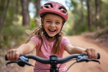 Naklejka premium Happy girl riding bicycle wearing helmet in a forest