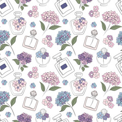Perfume bottle with hydrangea flowers seamless pattern. Outline vector illustration. One line drawing. Fashion wallpaper, beauty background, fabric, textile, print, wrapping paper, package design.