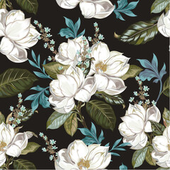 Beautiful vector seamless white magnolia flower pattern