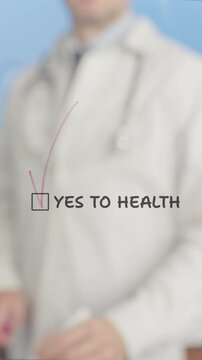 Medical professional in white lab coat selecting health option on transparent board, signaling positive wellness choice with confident check mark