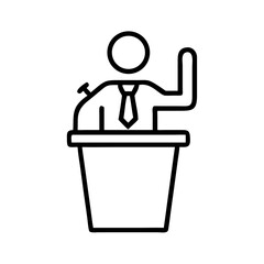 outline icon of candidate raising hand while speaking at podium, symbol of political promise, leadership or civic engagement, black on white