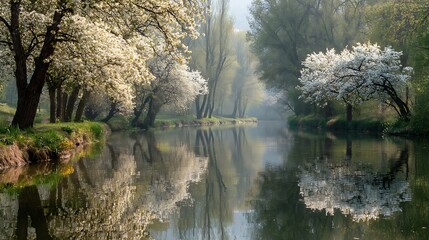 Reflecting white blossoms line peaceful waterway