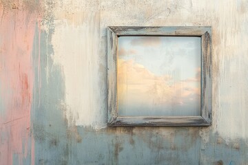 Aged wooden framed window on weathered stucco wall.