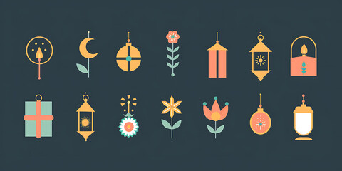 Colorful Icons of Lanterns Flowers Candles and Geometric Shapes on Dark Background

