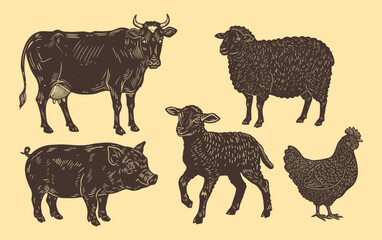 farm animals collection, cow, pig, sheep, chicken, young lamb, vintage silhouettes sketch set