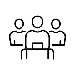 outline icon of political candidate presenting program to audience, three people, public speaking concept, local election campaign, black on white