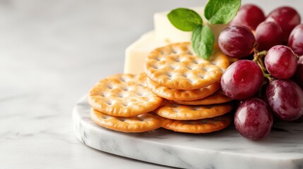 A beautifully arranged platter featuring cheese, crispy crackers, and fresh grapes showcases culinary artistry, inviting a delightful experience for taste enthusiasts.