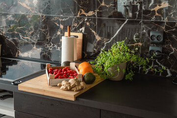 Fresh organic strawberries in wooden box