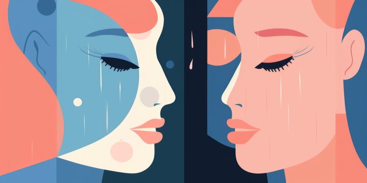 Ilustraci&oacute;n abstracta de dos rostros femeninos enfrentados con estilo minimalista y colores pastel, emociones en pareja