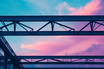 Obraz premium Industrial metal structures against a vibrant sunset sky.