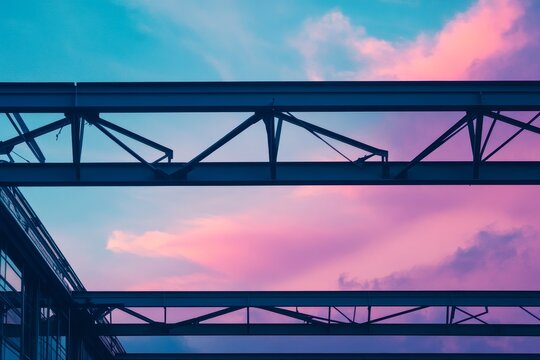 Industrial metal structures against a vibrant sunset sky.