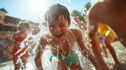 Obraz premium Children playfully splash water in the sunlight, radiating joy and energy, encapsulating the essence of carefree childhood and the joy of summer moments.