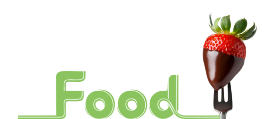 Illustration A delicious strawberry dipped in dark chocolate, held by a fork, with the word "Food" written in a stylish way