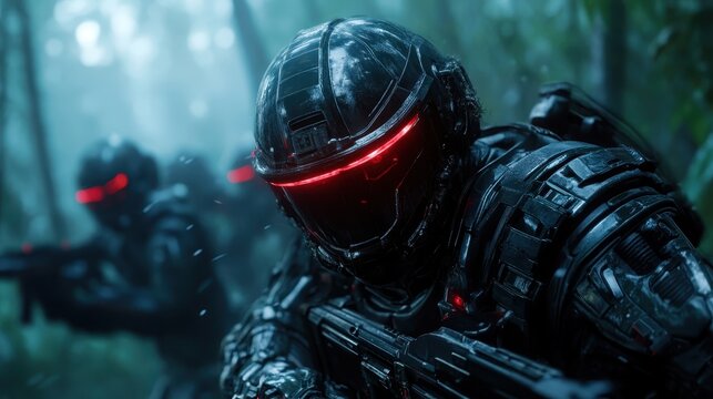 Highly advanced soldiers donning dark, high-tech gear navigate through a foggy jungle, symbolizing futuristic warfare and the merging of technology with nature's raw elements.