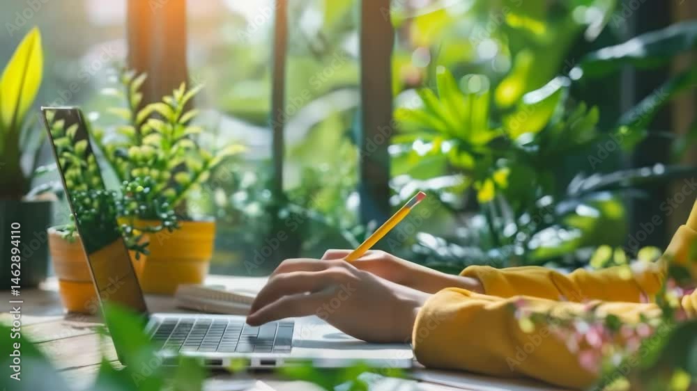 Poster a person is working on a laptop in a space filled with plants, creating a natural, calming workspace