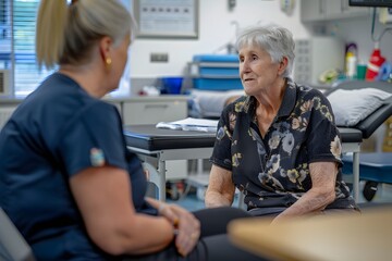 Elderly woman listens attentively to a nurse during a clinic visit, lit softly.
